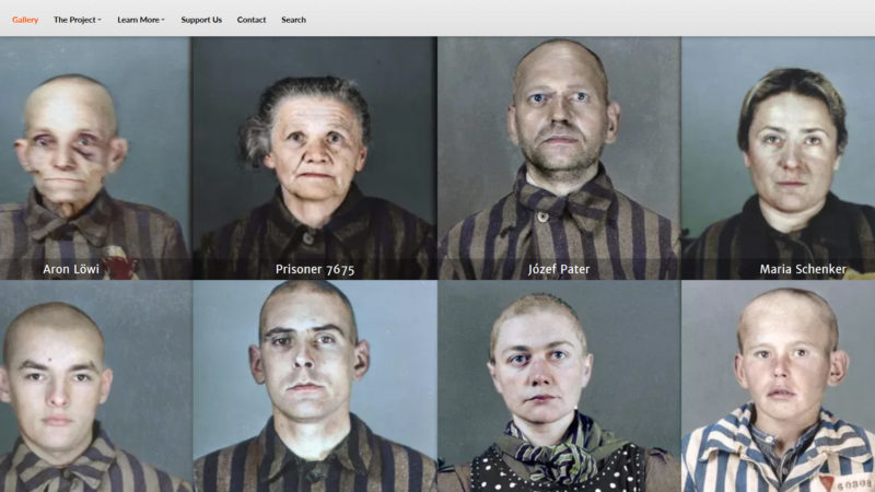 A screenshot of the “Faces of Auschwitz” website showing eight colorized portrait photographs